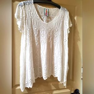 JOHNNY WAS top, XL, White, cut-out pattern. Worn/washed 2x.